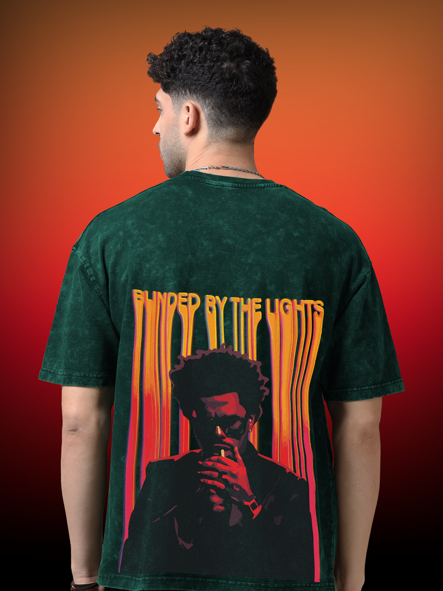 Blinding Lights Tshirt model showing the back design