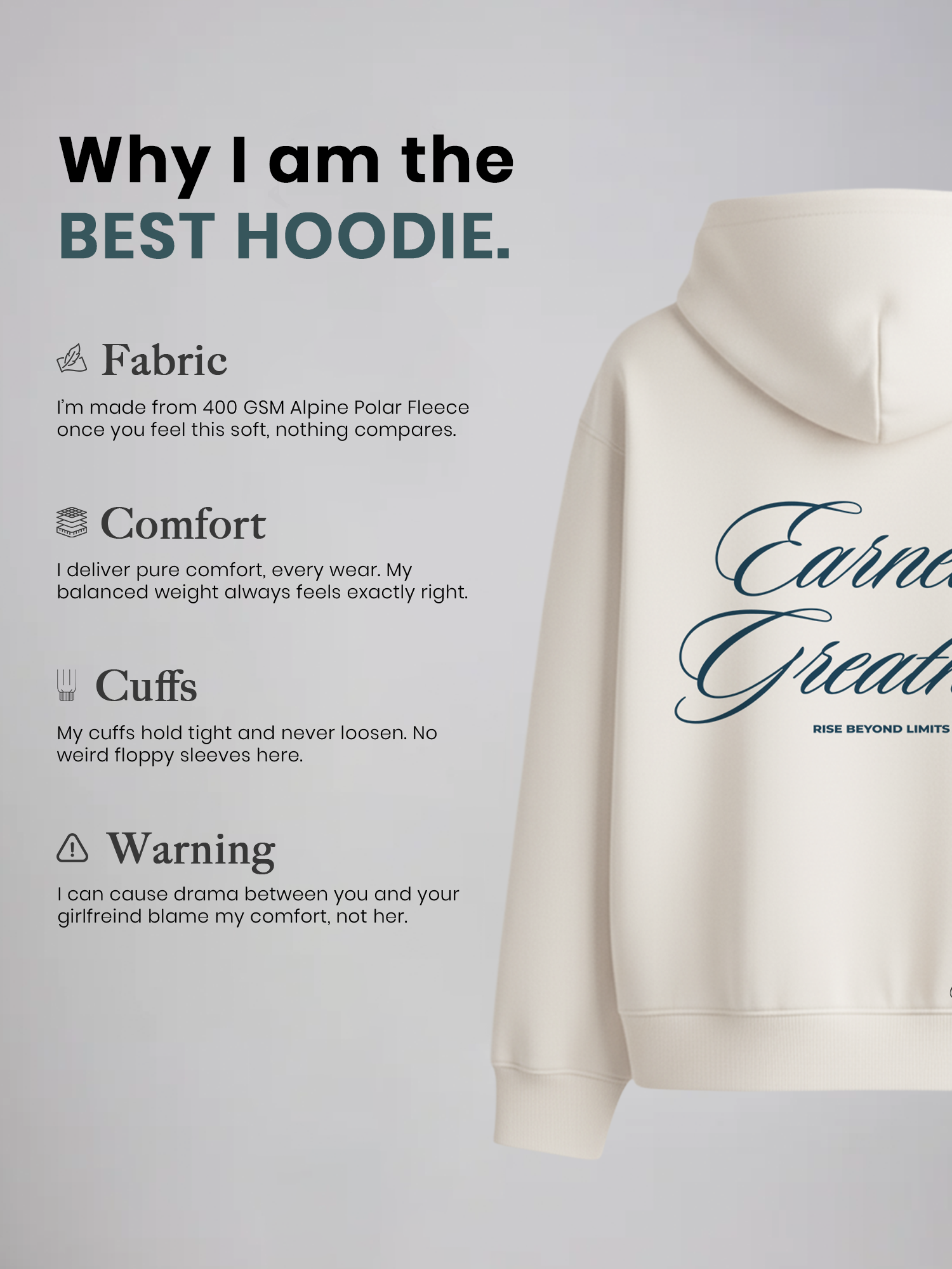 Earned Legacy Unisex Off White Oversized Fit Fleece Hoodie