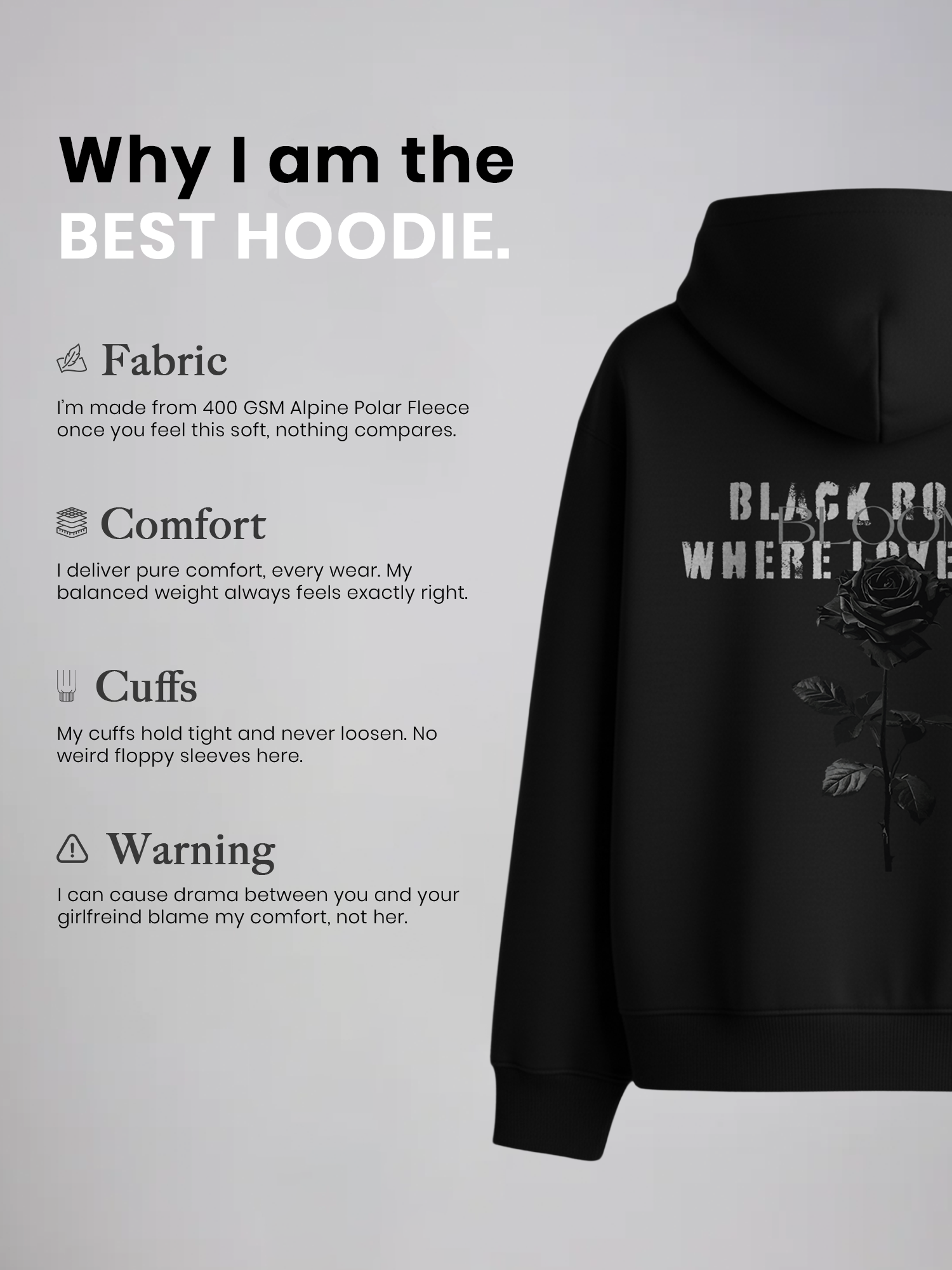 Dark Rose Unisex Black Oversized Fit Fleece Hoodie