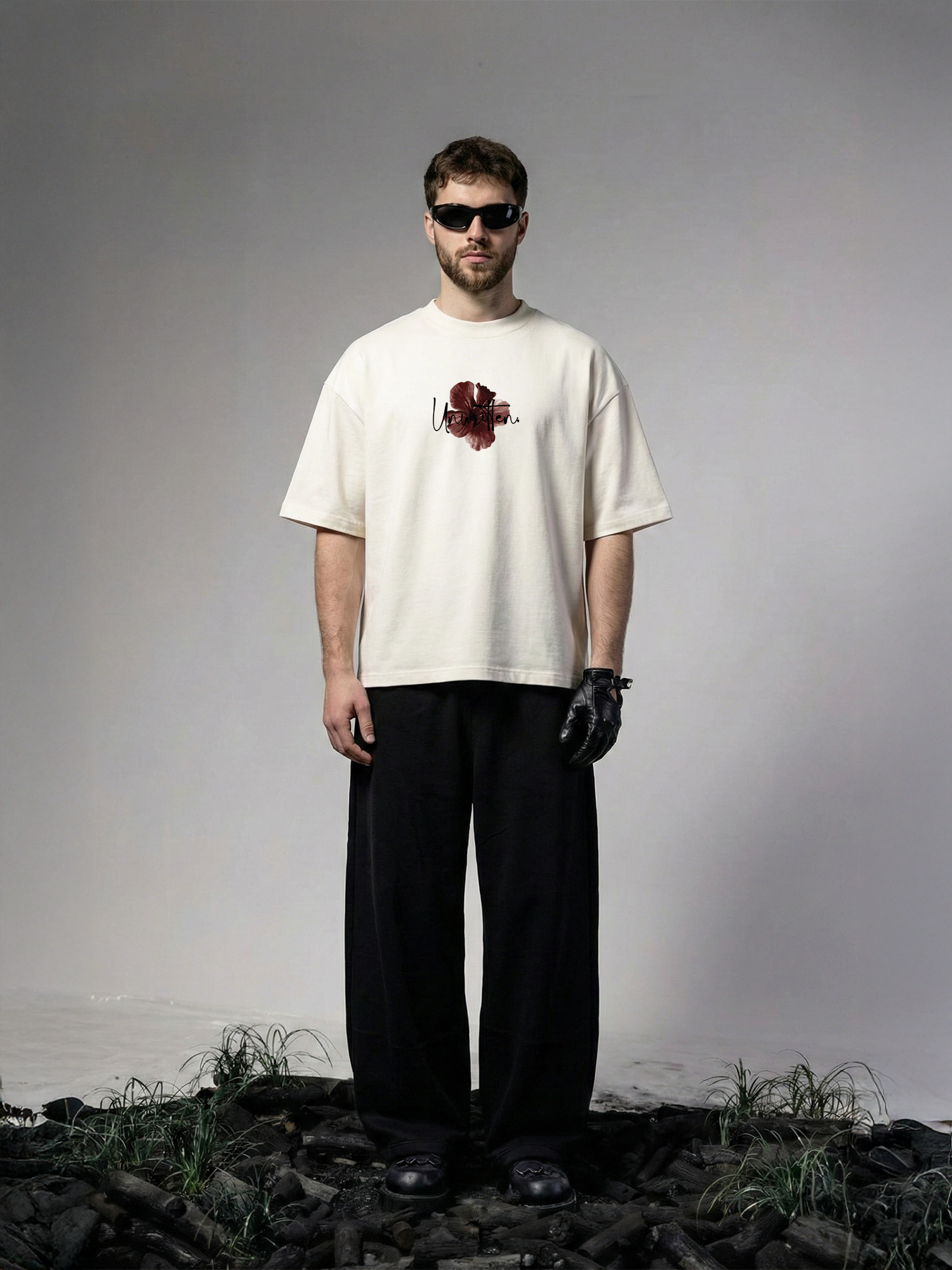 Red Hibiscus Unisex Off-White Oversized T-Shirt