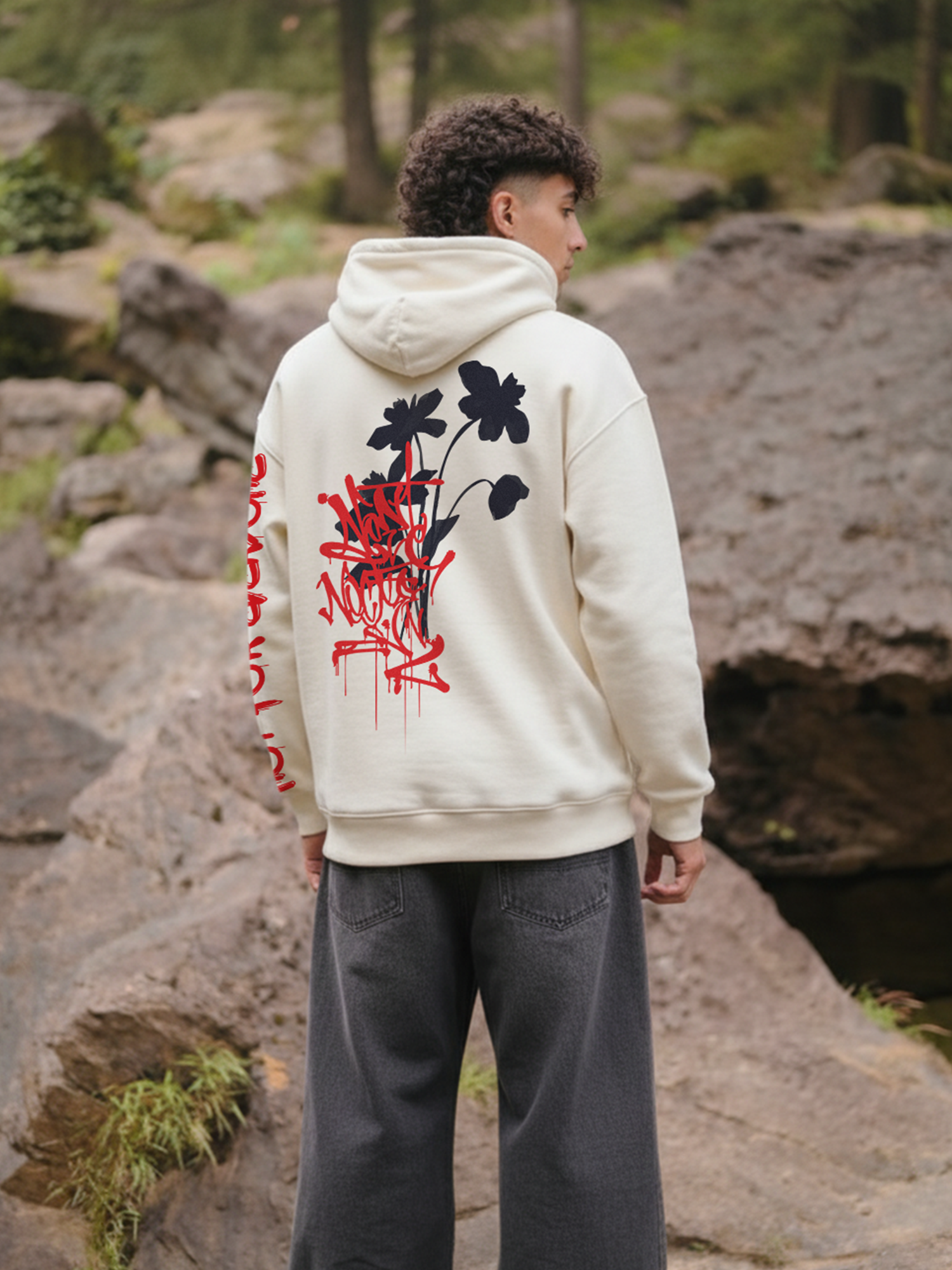 Eternal Bloom Unisex Off White Oversized Fit Fleece Hoodie