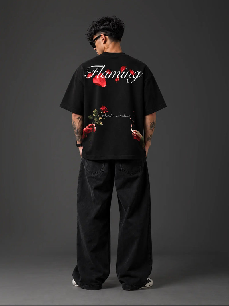 Flaming Unisex Black Oversized T-Shirt