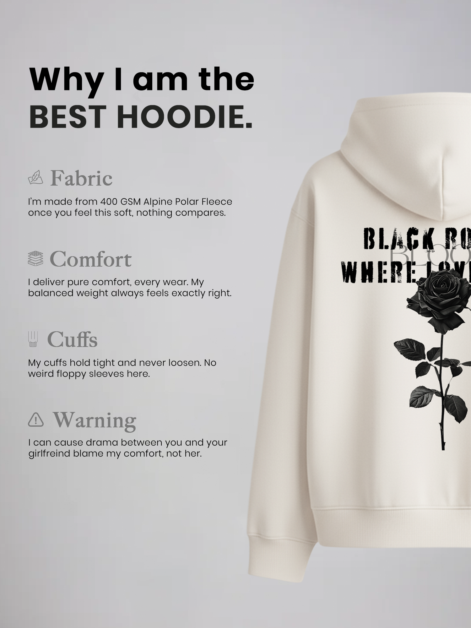 Dark Rose Unisex Off-White Oversized Fit Fleece Hoodie