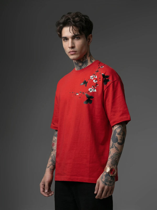The Elysian Bloom Unisex Red Oversized T-Shirt